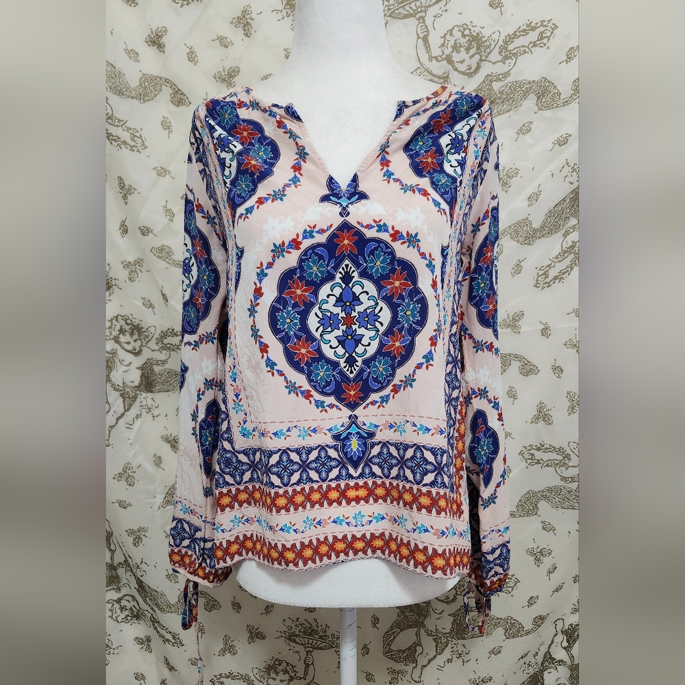 Hale Bob Beautiful boho pink and blue Silk Peasanr top Sz Small